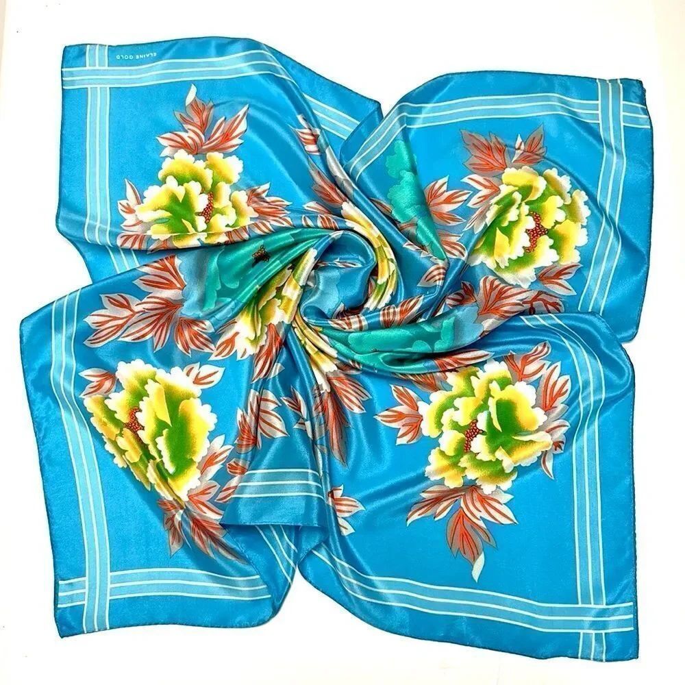 Elaine Gold for Collection XIIX Silk Square Scarf Floral Blue Gold made in Japan